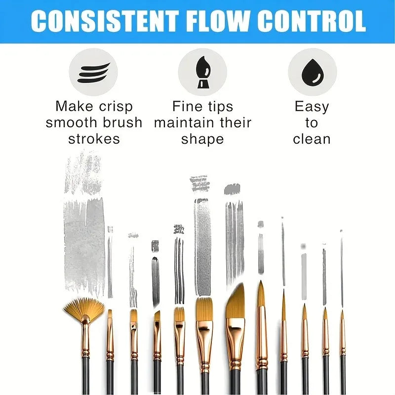 12pcs Nylon Bristle Brush Set Flat Brushes Watercolor Oil Paint And Acrylic Paintings Fabric Brushes