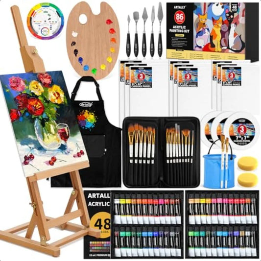 86Piece Acrylic Painting Kit with Tabletop Easel 48 Colors Set Paint Brush Set Case Brush Basin Art Apron