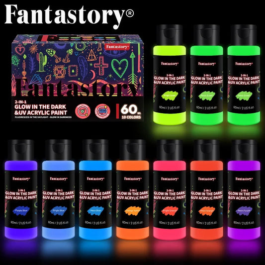 Fantastory 10PCS 2-in-1 Glow in the Dark Acrylic Paint Set, 60ml/2oz Waterproof for Wood, Fabric