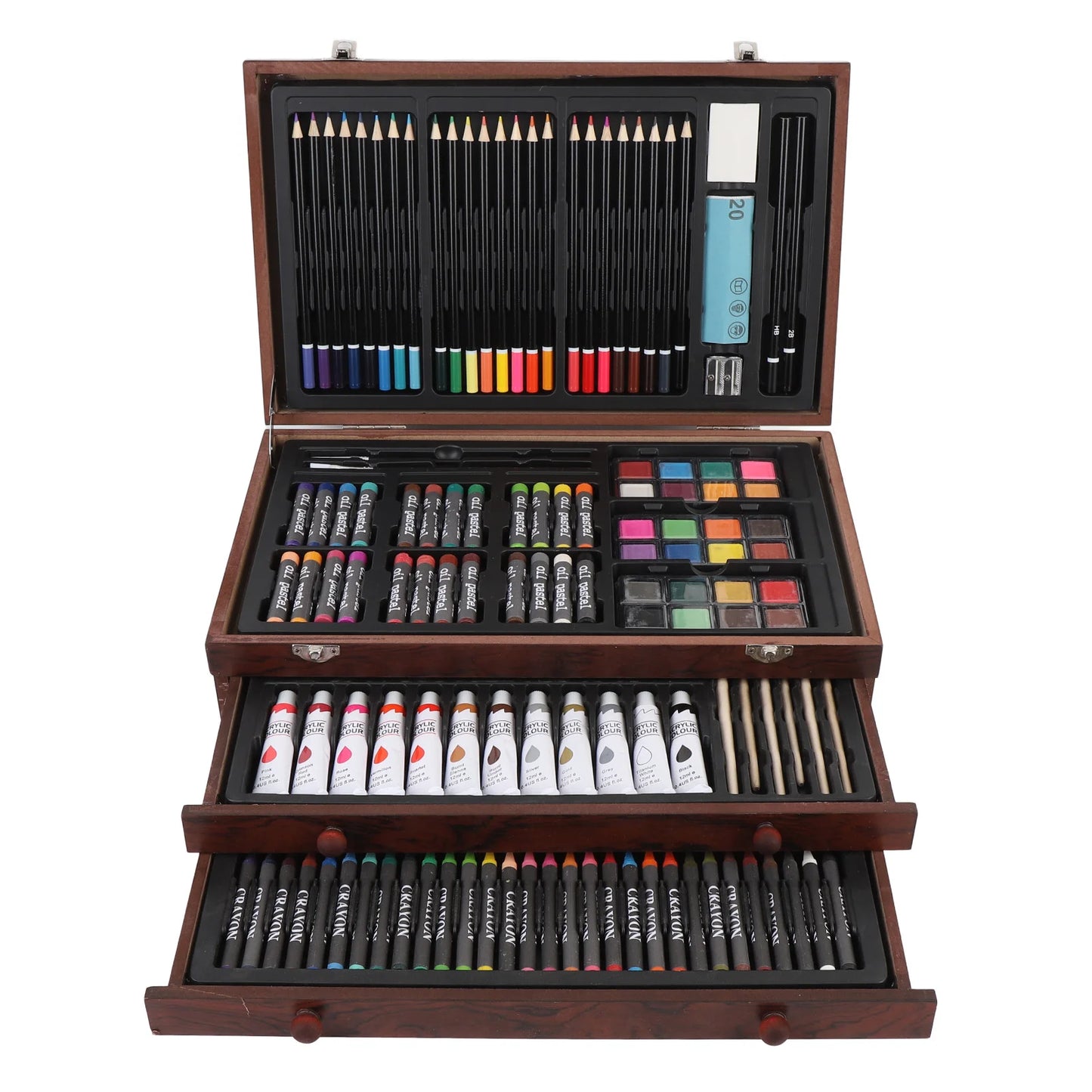 1 Set Wooden Art Set 24PCS Colored Pencils 24PCS Oil Pastels 60PCS Crayons Watercolor Paints and Drawing Set