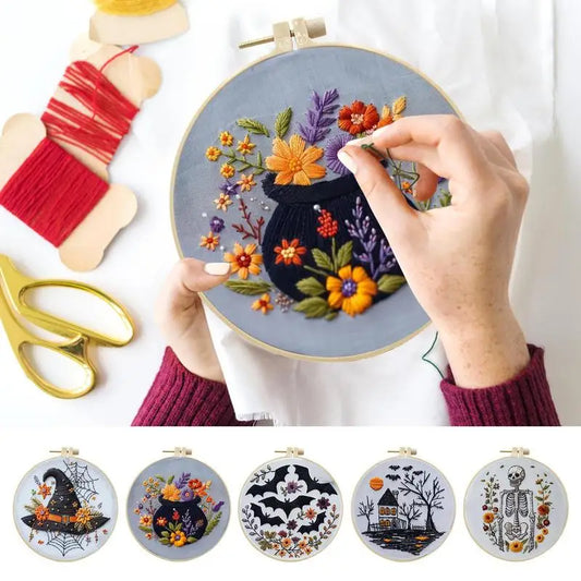 Halloween Embroidery Kit Skeleton Witch Hat Bat