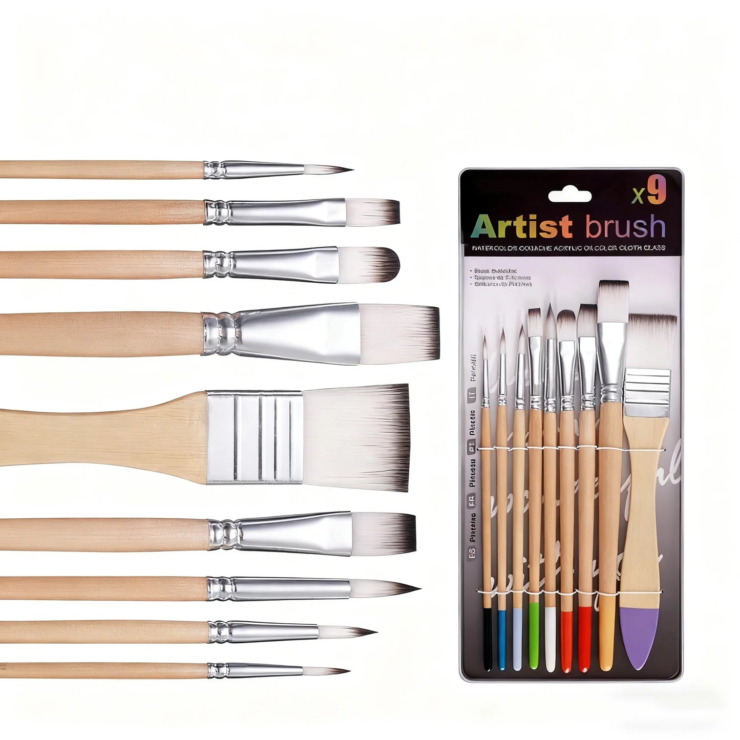 Beginner Brush Set - 9pcs Nylon Hair for Watercolor Acrylic Oil Painting