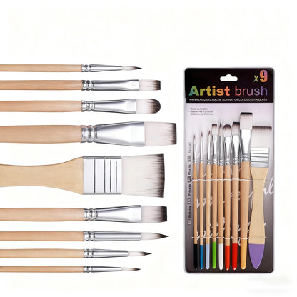 Beginner Brush Set - 9pcs Nylon Hair for Watercolor Acrylic Oil Painting