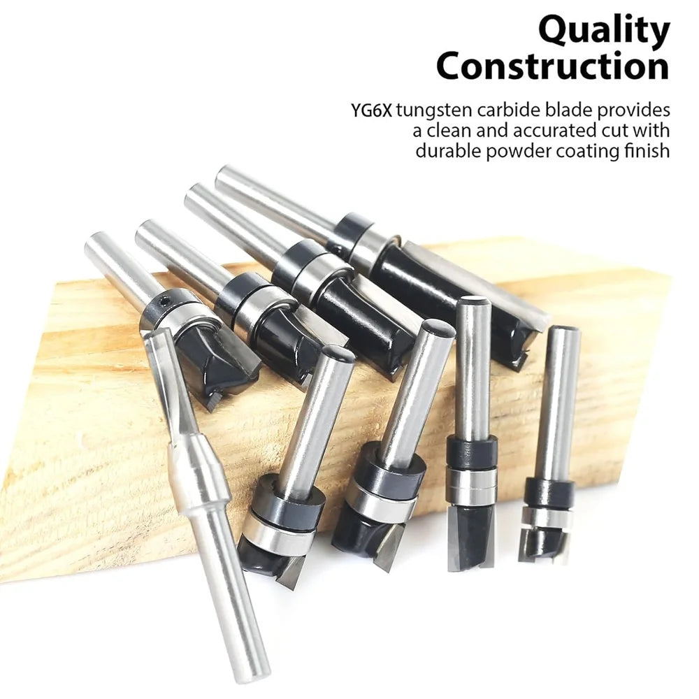 9pcs Carbide Tipped Flush Trim Router Bit Set 1/4 Shank Pattern Wood Cutting Tools Smooth Precision CNC Router Use
