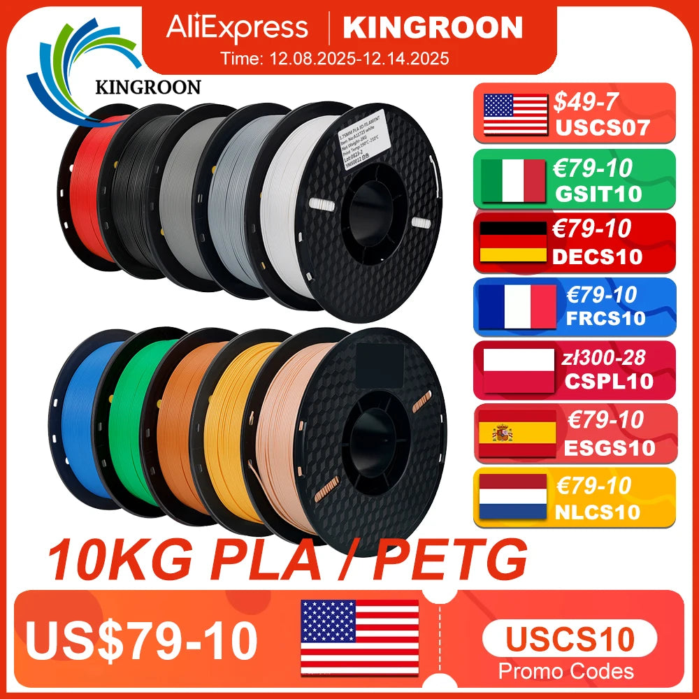 KINGROON 22LBS PETG or PLA filament 3D Printer Filament 10 Rolls 1KG 1.75MM Eco-Friendly Good Toughness Mix Color