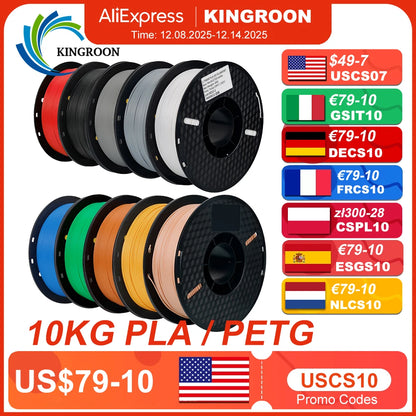 KINGROON 22LBS PETG or PLA filament 3D Printer Filament 10 Rolls 1KG 1.75MM Eco-Friendly Good Toughness Mix Color