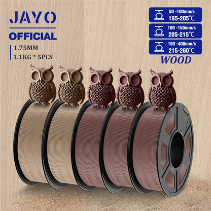 JAYO Wood PLA Filament 1.75mm 5Rolls 15% Real Wood Fiber 3D Filament For FDM 3D Printers