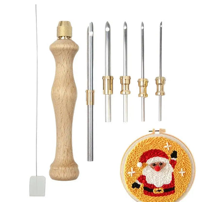 Wooden Embroidery Punch Needle Adjustable Knitting Pen Punch Pen with Wooden Handle