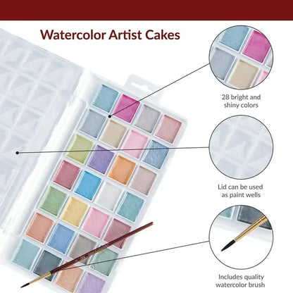Royal & Langnickel - 28 Color Pearlescent Watercolor Paint Cake Set W/ Brush
