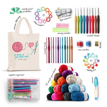 Crochet Craft Kit Beginners Premium Yarn Bundle with 15 Colors 75 Yards Each 21 Hooks Accessories Organizer Tote Bag