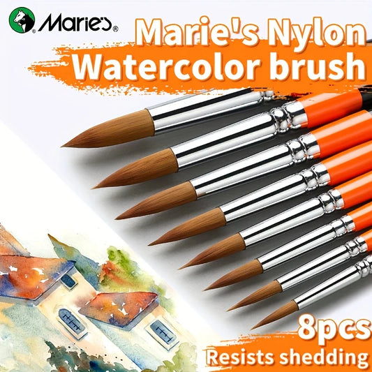 8pcs Marie's Round Tips Paint Brushes Set for Watercolor Painting, Nylon Hair Long Handle Brush Kit for Oil