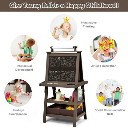 3 in 1 Double-Sided Storage Art Easel w/ Paint Cups Coffee