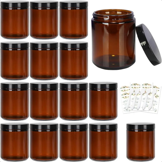 8 oz Amber Glass Jars with Lids 15 Pack