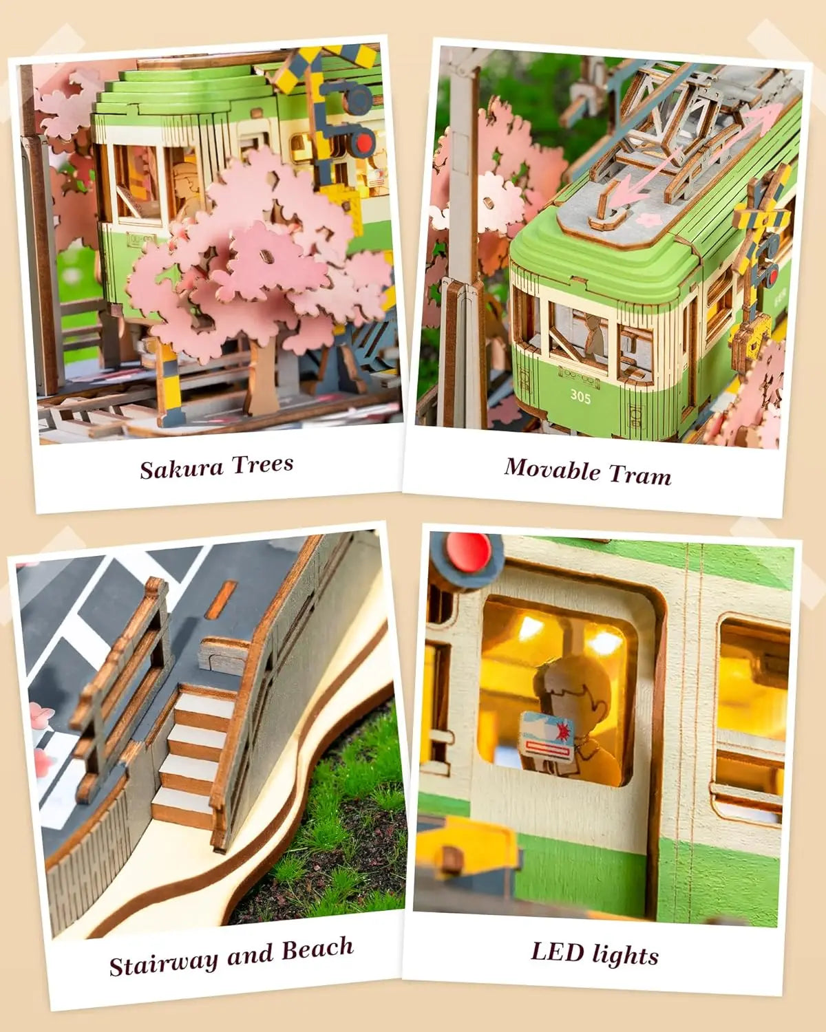 Robotime 3D Puzzles Sakura Journey DIY Model Building Toy with LED Light Wooden Craft Kits Tram