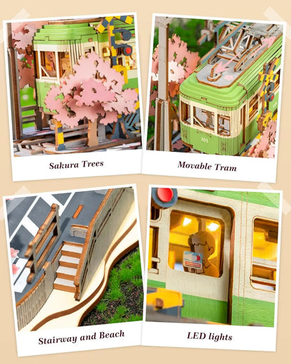 Robotime 3D Puzzles Sakura Journey DIY Model Building Toy with LED Light Wooden Craft Kits Tram