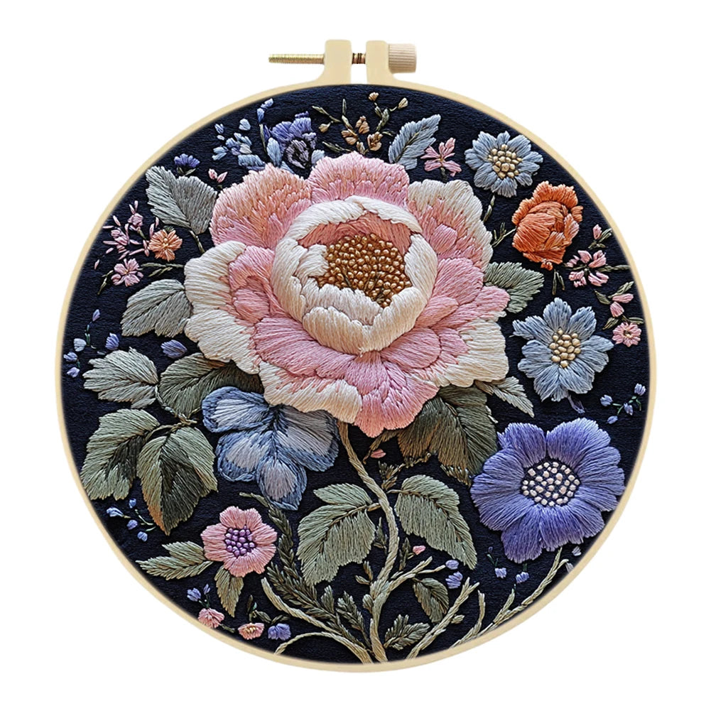 Flower Stamped Cross Stitch Embroidery Kits with Hoop Cloth Color Thread