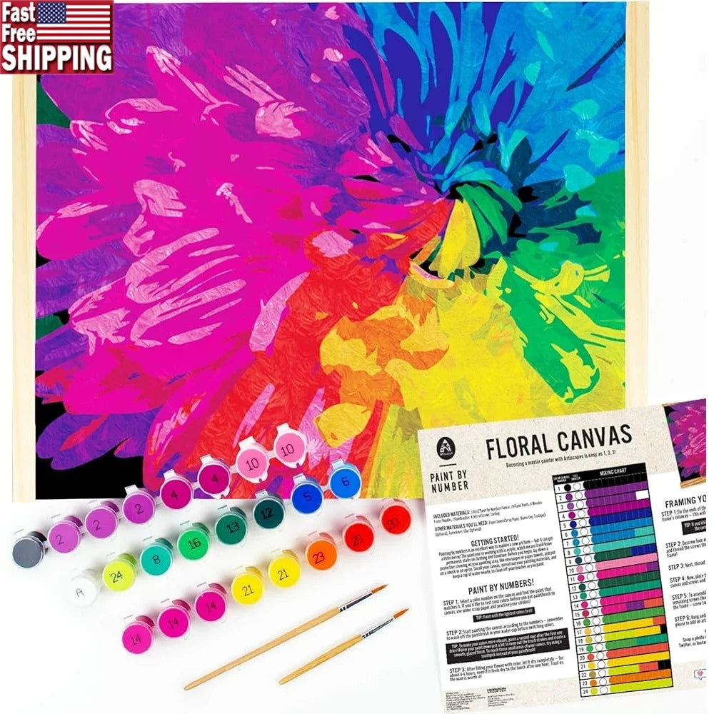 Paint by Numbers Kit Floral Design Canvas 16x20 Includes Wooden Frame Acrylic Paints Paintbrushes
