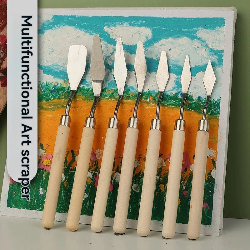 Art Oil Painting Scraper Wooden Flat Head Stainless Steel Pick Knife Gouache Paint Pointed Color Mixing Spatula