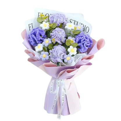 Crochet Flowers Bouquet, Eternal Carnation with Eucalyptus Leaves Artificial Handmade Knitted Bouquet