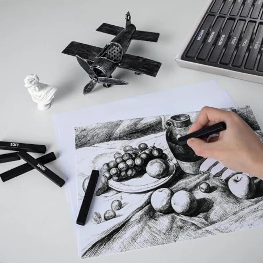 24 Pcs Compressed Charcoal Sticks with Soft Medium Hard and White Charcoal Square Vine Charcoal Stick Kit