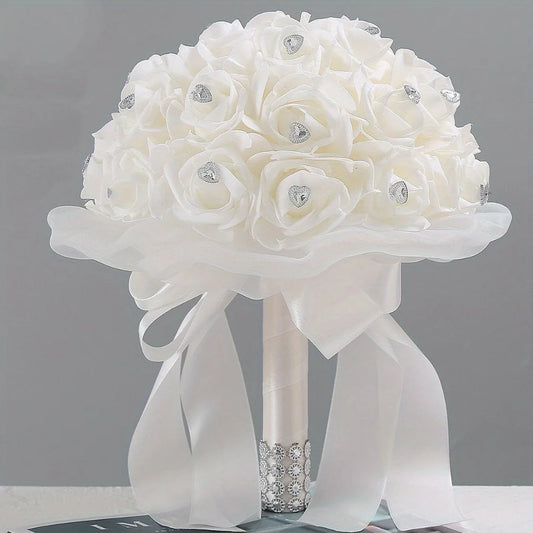 White Bouquet with Diamond Soft Ribbons Artificial Satin Ribbon Rose