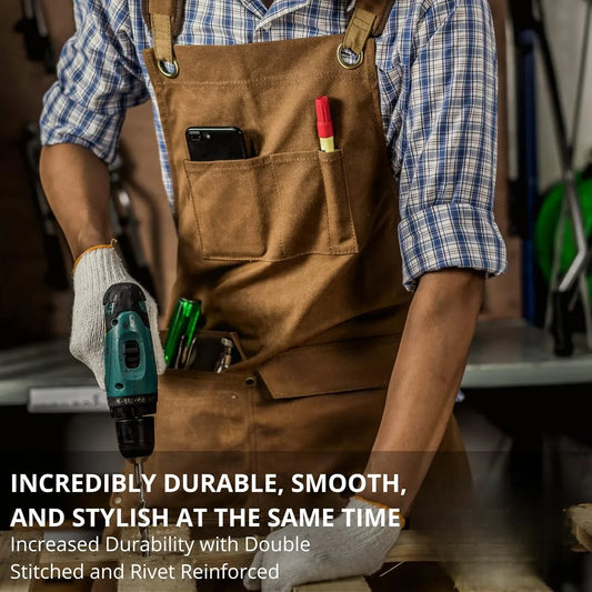 Woodworking Shop Aprons for Men and Women, 16 oz Durable Waxed Canvas with Pockets, Cross-Back Straps, Adjustable