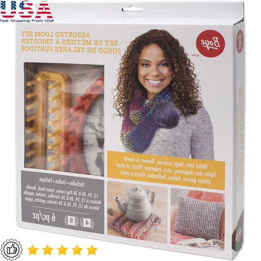 Assorted Loom Kit 6 Pieces Includes Round Rectangular Looms Hook Yarn Needle Ages 8 and Up
