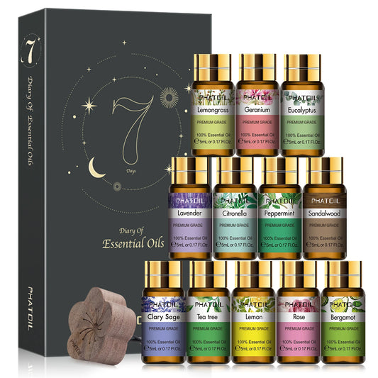 PHATOIL 12pcs Pure Essential Oils Lavender Lemongrass Rose Lemon Geranium Tea tree