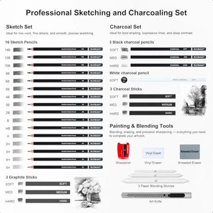 33 Piece Sketching Pencil Set 5H to 14B Pencils Charcoal Pencils Charcoal Sticks Graphite Sticks