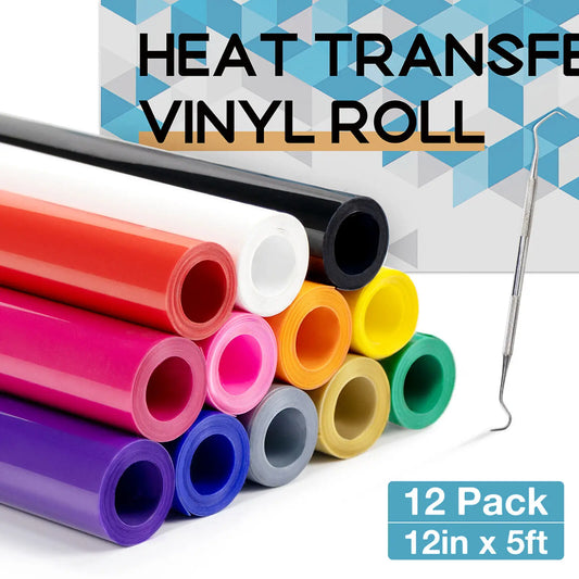 HTVRONT Heat Transfer Vinyl Roll Hot Press Iron-on Tshirt Textiles Film Roll 12inX5Ft,3Ft HTV