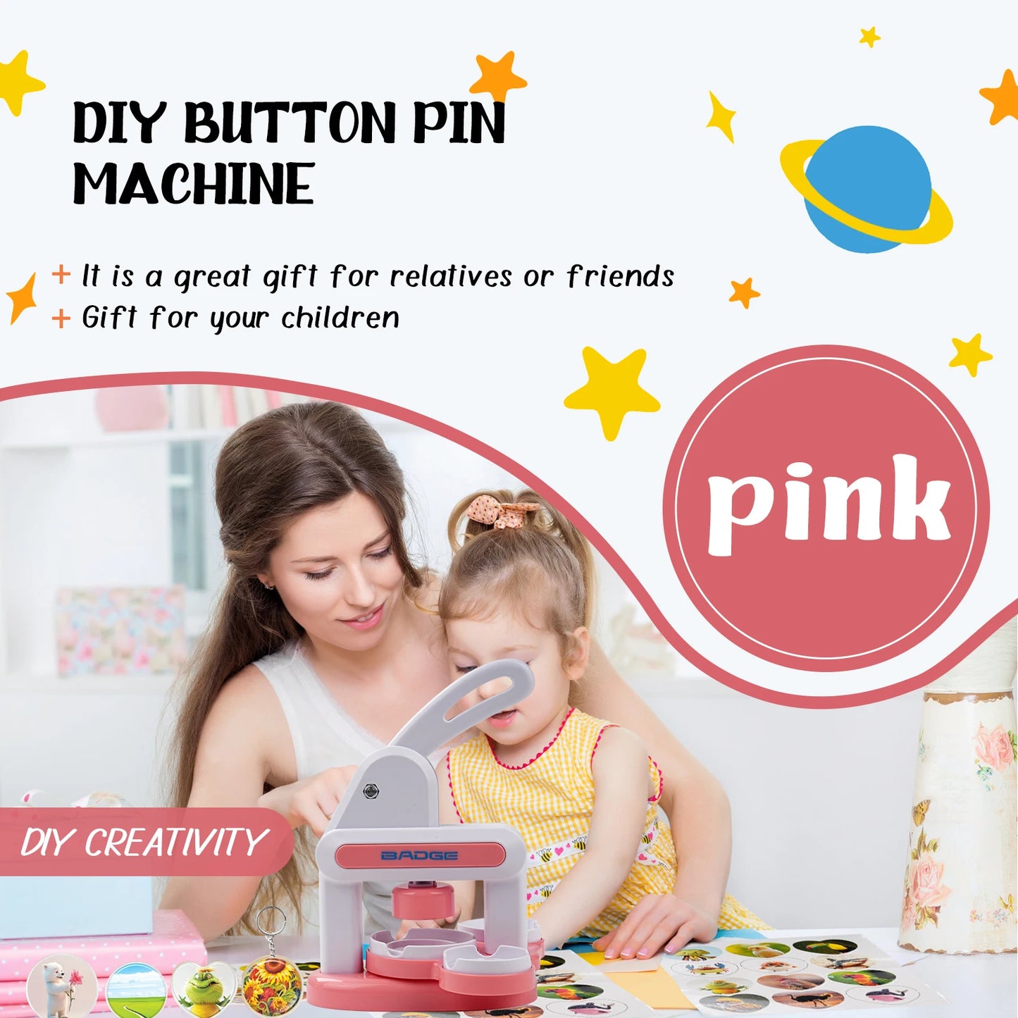 Button Maker Machine Installation-Free DIY Button Pin Maker Badge Press Pink