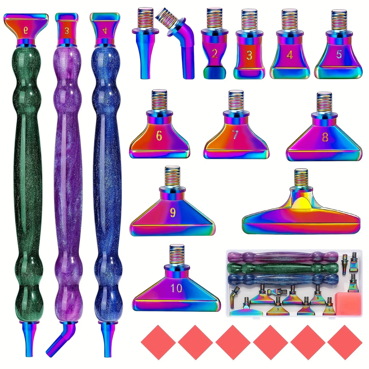 Glitter Gourd Shaped Plastic Pen Metal Drill Bits,6pcs Red Glue,1pc Plastic Box Threaded Diamond Painting Dot Drill Tool Set
