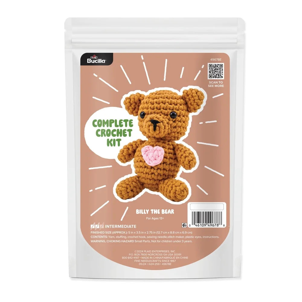 Amigurumi Complete Crochet Kit Billy the Bear Plush Yarn Hook Needle Stuffing Video Tutorial Instructions