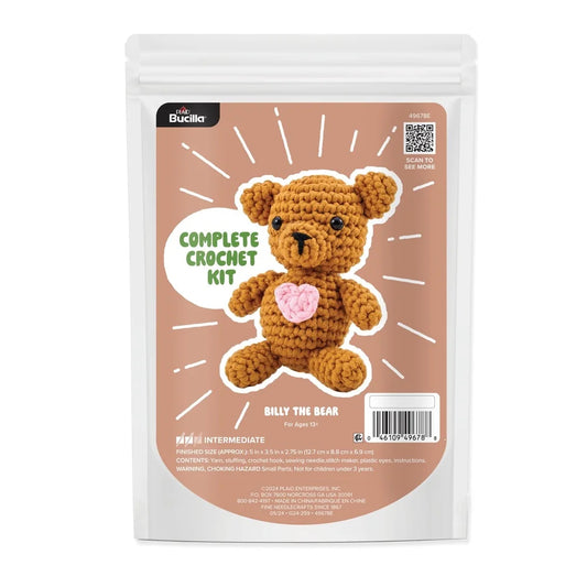 Amigurumi Complete Crochet Kit Billy the Bear Plush Yarn Hook Needle Stuffing Video Tutorial Instructions