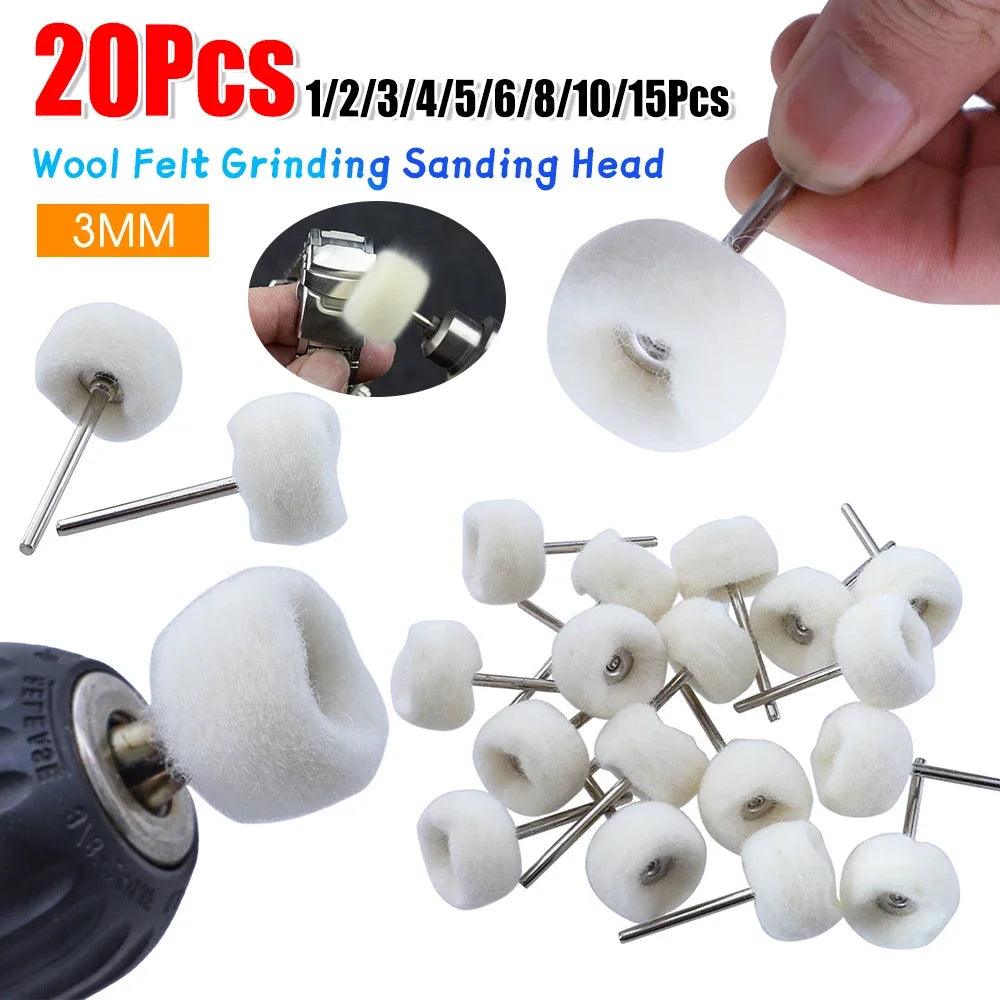 1-20PCS Wool Felt Grinding Sanding Head Polishing Wheel Tool Combination Set About 3mm Shank Dremel Dril for Jewelry/Gold