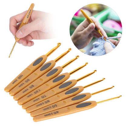 8pcs Crochet Hook Knitting Tools Aluminum Ergonomic Sweater Needles Brown Plastic Handle