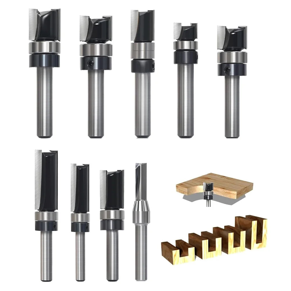 9pcs Carbide Tipped Flush Trim Router Bit Set 1/4 Shank Pattern Wood Cutting Tools Smooth Precision CNC Router Use