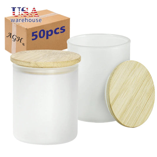 50pcs 10oz Sublimation Frosted Blank Straight Glass Candle Jar With Wooden Lid