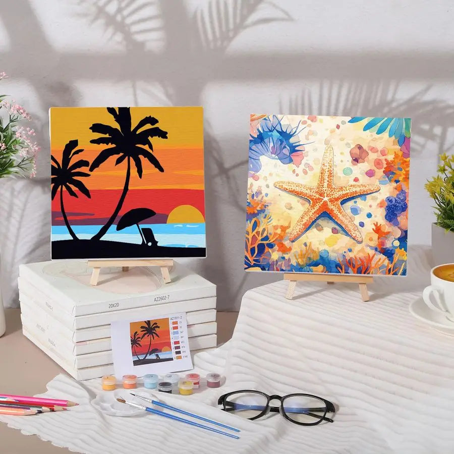 12 Sets Framed Paint by Number Kit for Adults with 12 Wooden Easels, 12 Disposable Apron, 12 Pigment 12 Brush, 12 Palette