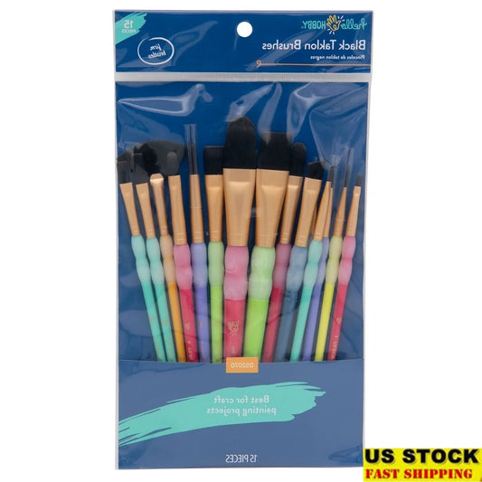 15pc Black Taklon Brush Set Painting Detail Work Blending Layering Easy Clean Durable Ergonomic Handles
