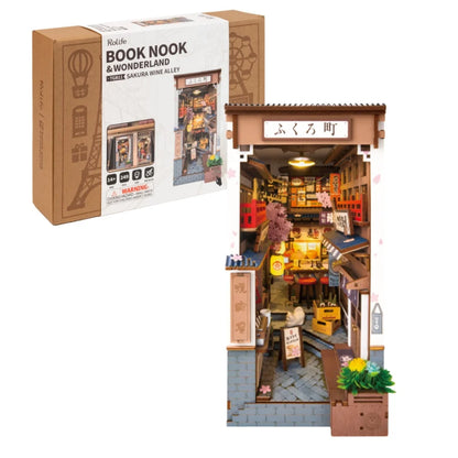 Robotime Sakura Wine Alley Booknook with Lights DIY Miniature Dolls House Kit 3D Wooden Puzzle Bookend Bookshelf