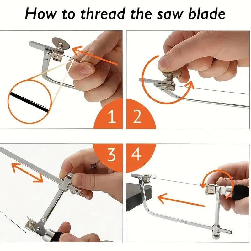 Professional jeweler saw set, adjustable U-shaped saw bow with 12 saw blades, handmade jeweler saw frame with wooden handle