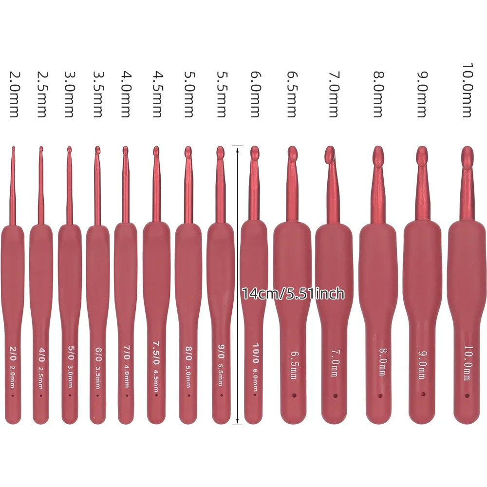14pc Red Knitting & Weaving Tool Set, TPR Silicone Aluminum Crochet Hooks