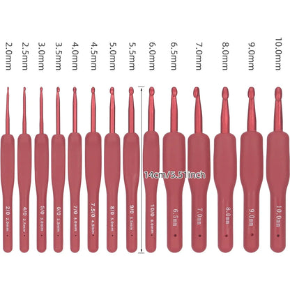 14pc Red Knitting & Weaving Tool Set, TPR Silicone Aluminum Crochet Hooks