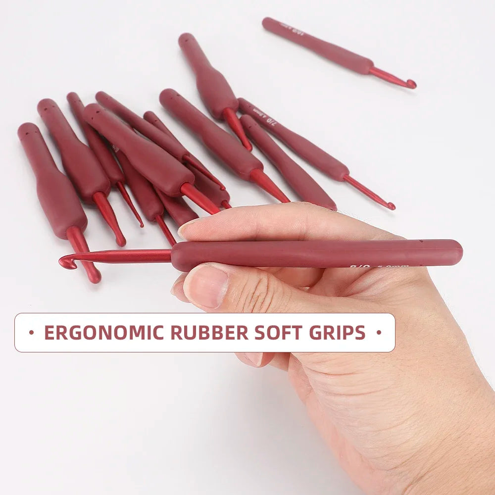 14pc Red Knitting & Weaving Tool Set, TPR Silicone Aluminum Crochet Hooks