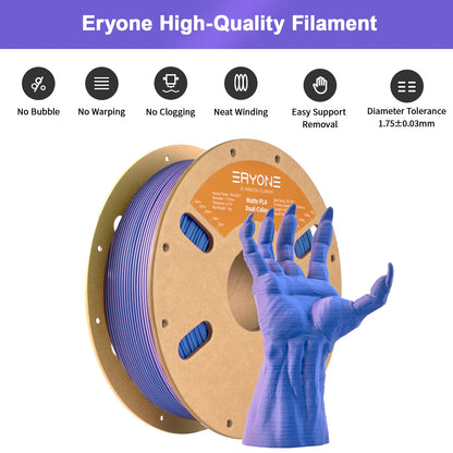 ERYONE Matte Dual Color PLA Filament 1.75 mm for 3D Printers,Accuracy +/- 0.03mm,1kg/ Spool(2.2lbs)