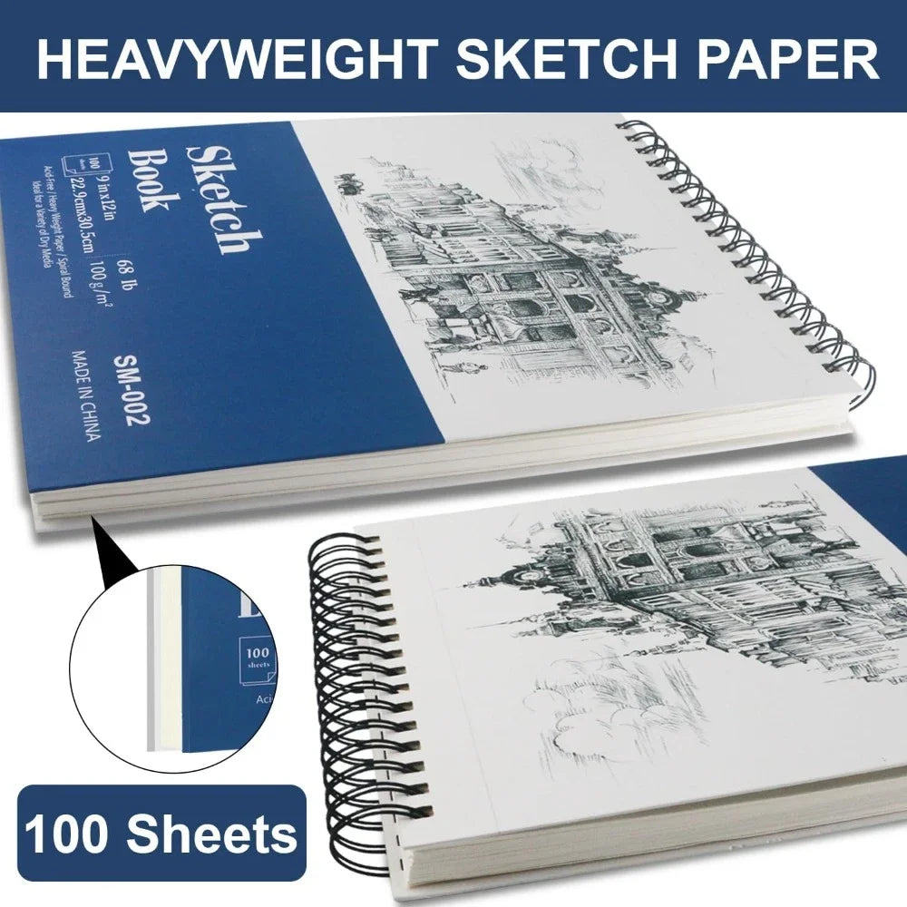 9" x 12" Hardcover Sketchbook, Top Spiral Bound, 100 sheets (68lb/100gsm) drawing paper pads