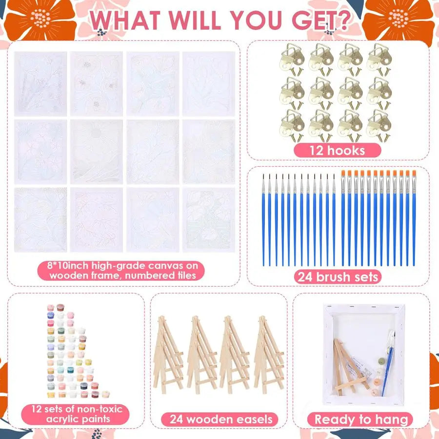 12 Set Paint by Numbers Kit for Adults Simple Flowers Painting 8x10 Inch with Wooden Frame Easel Acrylic Paints Brushes Watercol