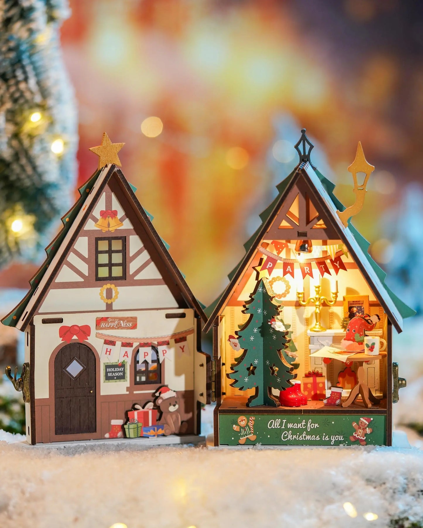Rolife Miniature Wooden Dollhouse Collectible 3D Wooden Puzzle Home Decor Twinkling Christmas House