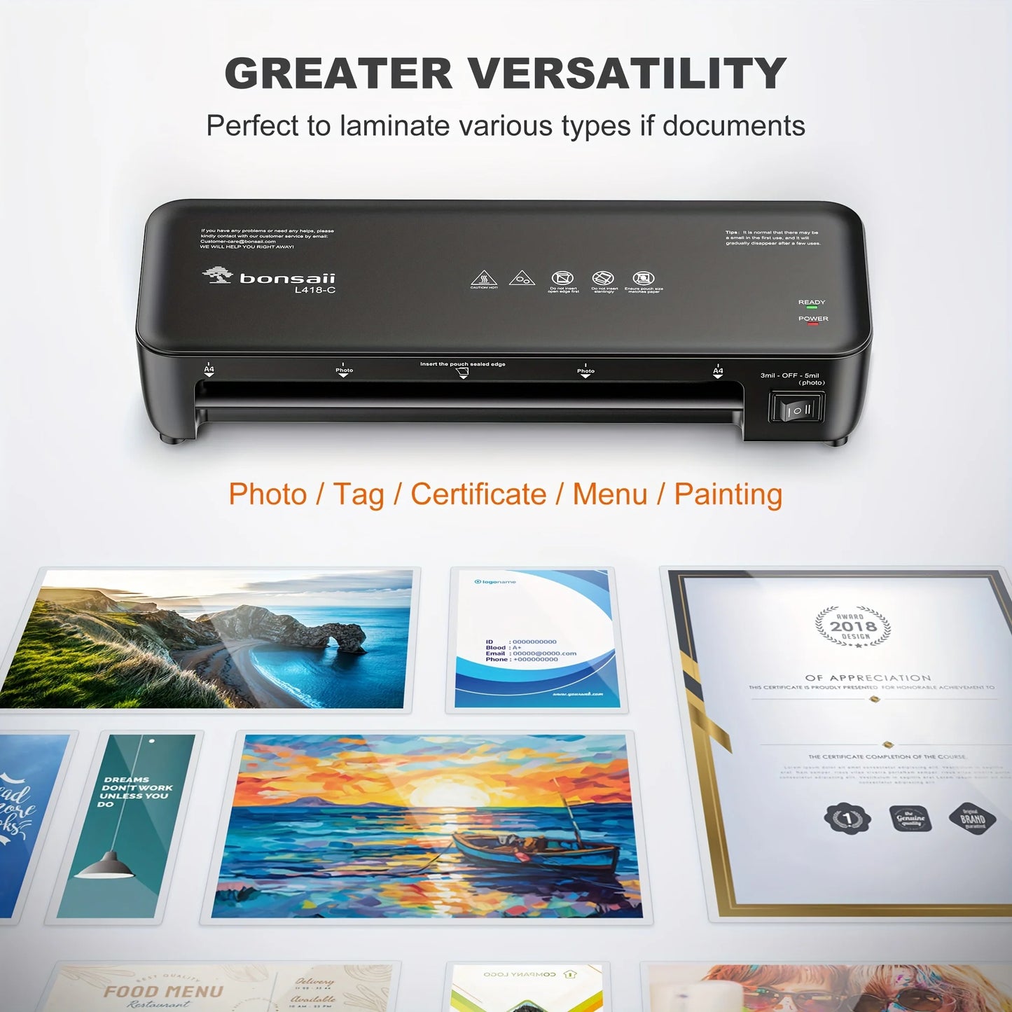 BONSAII 9" 4-in-1 Laminator with Never Jam Tech, Ideal for Docs & Photos - Includes 40 Sheets